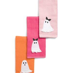Cupcakes and Cadhmere set/3 Orange & Pink Ghost Embroidered kitchen Towels, NEW